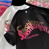 Camiseta de Manga Curta com Zíper de Design Americano para Homens e Mulheres, Tendência de Verão Estampada Solta Versátil de Meia-Manga