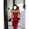 Vestido Nicho Francés Heartache Satén Borgoña Ajustado Cintura Ceñida Vestido de Tirantes Nuevo Verano para Mujer
