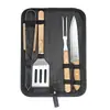 Set de Herramientas para Barbacoa 4 Piezas Mango de Madera Transfronterizo Acero Inoxidable Bolsa de Tela Exterior Hogar Picnic Tenedor Pala Pinza Cuchillo Herramienta para Hornear BBQ
