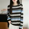Nuevo Suéter de Lana Fina con Cuello Redondo y Mangas Largas para Mujer Bloque de Color Raya Top Base Holgado Otoño/Invierno 2026