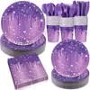 Bandeja de Papel Desechable Transfronteriza Servilletas y Tazas de Diamantes con Brillo Morado Cumpleaños de Señoras Aniversario Boda Vajilla