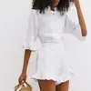 Conjunto de Duas Peças Feminino 2025 Moda Europeia e Americana: Cardigã de Algodão com Gola Alta e Mangas Sino, Top e Shorts para o Dia a Dia