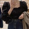 Primavera coreana novo elegante quadrado colar fungo renda top tomara que caia bolha camisa camisa curta para as mulheres