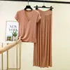 Conjunto de duas peças: camiseta modal com retalhos, decote V, manga curta e calça longa de cintura alta, novo estilo de verão, conjunto casual versátil plus size