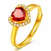 Anillo romántico de corazón chapado en oro con rubí y circonita, anillo de boda con granate y diamantes para mujer.