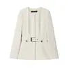 Traje de Chaqueta con Cinturón Delgado de Color Sólido Simple y Cuello Redondo para Mujer de Otoño e Invierno + Pantalones de Campana de Color Sólido de Cintura Media Transfronterizo Europeo y Americano