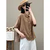 Camisa de linho artística e estilo vintage para mulheres, perfeita para o verão, com um design chique e versátil, cor sólida e manga de cinco quartos, adequada tanto para o trabalho quanto para o uso casual