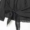 Camisa de Comercio Exterior Transfronterizo Estilo Nuevo Primavera y Otoño Cuello Solapa Lazo en la Cintura Fruncido Plisado Manga Larga Rayas Color Sólido Elegante Camisa