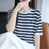 Camiseta de Manga Corta de Punto Rayada Estilo Coreano con Letras de Lyocell, Nueva de Verano, Delgada y Versátil