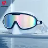 Gafas de natación para adultos de marco grande con protección nasal, anti-niebla de alta definición, protección UV, campo de visión amplio, tapones para los oídos integrados