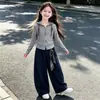 Nueva Colección Primavera/Otoño 2026: Conjunto de cárdigan con capucha de manga larga y pantalones de pierna ancha, estilo coreano, corte relajado, para niñas
