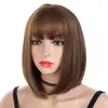 Peruca de moda europeia e americana para mulheres, franja reta castanha, cabelo curto liso, bobo bobo, peruca de cabelo curto, touca
