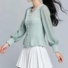Camisa Retro Francesa de Color Contrastante con Cuello Redondo y Manga Acampanada para Mujer Primavera y Otoño 2026 Nuevo Estilo Dulce y Delgada Top con Aspecto Adelgazante