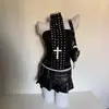 Subcultura Gótica Top Tubo Resistente com Rebites e Gola Halter Y2K Millennial Hot Girl Slim Fit Colete Preto Sem Mangas