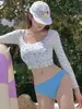 Maiô Feminino Manga Longa Dividido Três Peças Floral Amarrar Biquíni Puro Desejo Sexy Versão Coreana Celebridade da Internet Férias Fonte Termal