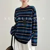 Cardigan de Lã Seda de Amora Tencel Primavera Verão Cor Retro Blocos de Cor Listrado Manga Longa Malha Feminino