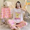 Conjunto de Três Peças Pulôver Calções Calças Manga Curta Feminino Primavera e Outono Verão Algodão Imitado Seda de Leite Pijama Estampado Desenho Animado para Casa
