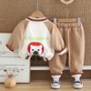 Traje de primavera para niño 2025, nuevo conjunto de tres piezas con cremallera y estampado de cabeza de oso de dibujos animados para bebé.