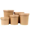 Tazón de sopa de papel kraft taza de sopa desechable caja para llevar lonchera caja de embalaje tazón de postre con tapa lonchera de papel kraft redonda