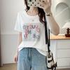 Camiseta de verano para mujer, talla grande, manga corta, estampado de letras sonrientes, talla pequeña, talla grande, talla 7736, 100 kg