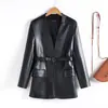 Jaqueta de Couro Haining para Mulheres, Comprimento Médio, Preta, Gola Alta, Cintura com Amarração, Jaqueta de Couro, Novo Estilo Outono e Inverno, Elegante Casaco de Pele de Ovelha