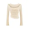 Estilo puramente sensual, hombros descubiertos, cuello de amarre, camiseta de manga larga para mujer, diseño de otoño, cuello halter, top ajustado, camiseta básica