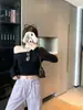 Camiseta básica morada sencilla de manga larga sin hombros para mujer, top base de verano holgado, versátil top corto ajustado sin hombros