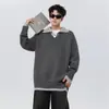 Suéter Masculino Falso Duas Peças Gola V Estilo Retrô Americano Transfronteiriço, Top de Tricô Estilo Old Money com Lapela, Jaqueta Casual