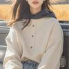 Moletom Bege com Capuz Contrastante 2025 Inverno Novo Estilo Design Petite Nicho Moda Top