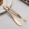 Conjunto de Faca e Garfo para Bolo Lunar de Aço Inoxidável Hotel Restaurante Garfo de Frutas Dourado Garfo de Dois Dentes Garfo Pequeno para Bolo Sobremesa