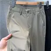 Calça Social Casual Masculina de Seda Gelada Elástica 2025 Novo Estilo para Jovens e Meia-Idade Calças Retas de Negócios Finas de Verão Longas com Bordado