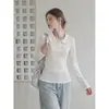 Camiseta Interior de Manga Larga para Mujer, Blanca, de Gama Alta, Estilo POLO, Cuello de Muñeca, Cintura Ceñida, Adelgazante, Capa Base, Corte Ajustado, Otoño