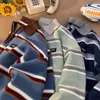 Suéter de gola polo listrado retrô estilo japonês masculino outono e inverno estilo preguiçoso nicho jovem top de tricô para casal