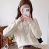 Suéter de tricô bordado com borboleta branca para mulheres, novo estilo primavera e outono 2026, solto e casual, manga longa, blusa de tricô fina