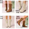 Zapatos Casuales Cómodos para Mujer con Lazo, Tacón de Cuña y Cremalleras Laterales, Botas de Montura Estilo Bohemio Occidental, Botas de Media Pantorrilla