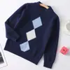 Suéter de lana con patrón de rombos para niño, suéter de punto de cuello redondo color block para otoño e invierno, suave y cálido para niños