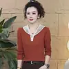 Nova moda de outono, T-shirt de renda com decote V e manga longa para mulheres, esconde a barriga, emagrece, rejuvenesce, estiloso, versátil, top casual da moda