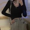 Punto de cadeneta Cuello en V Sexy Blanco Tejido Camiseta Otoño de Mujer Ajustada Manga Larga Camiseta Base con Top Corto
