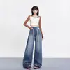 Jaqueta Versátil Estilo Retrô Americano com Cordão Cintura Alta Comprimento até o Chão Jeans 2025 Outono Calças Largas Soltas Emagrecedoras para Mulheres