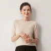 Suéter de manga curta 100% cashmere puro, gola redonda, novo suéter de outono e inverno, malha de cor sólida, top de corte solto