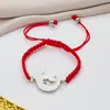 Pulseira com Pingente de Lua Cortada em Aço Inoxidável em Estoque, Banhada a Ouro Real 18K, Pulseira Tecida Vermelha e Preta da Sorte