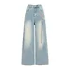 Jeans Feminino Tamanho Plus Size Estilo Americano Rasgado Bordado de Estrela 2026 Novo Design Tendência Calças de Perna Larga Comprimento Total