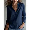 2026 Camisa Casual Transpirable Holgada de Cuello en V Semiabierto Estilo Old Money Europeo y Americano Cuello Alto Botón de Madera Manga Larga para Mujer