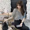 Camisa de manga curta com decote quadrado para mulheres, novo estilo de verão, top japonês doce e fresco com gola xadrez pequena que valoriza a clavícula