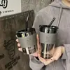Copo grande de vidro, estiloso e moderno, com canudo, portátil, adequado para estudantes, casais e com grande capacidade, perfeito para café