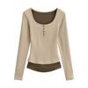 AP24017-24 primavera temprana nuevo estilo americano de deseo puro contraste de color encaje dos piezas falsas cuello en U corte ajustado camiseta de manga larga