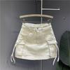 Saia Curta Jeans Stretch Lavado com Bolsos e Amarração na Cintura Estilo Verão Moda Única Saia Evasê Tridimensional