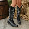 Nuevas Botas Largas Bordadas con Tachuelas Transfronterizas Otoño 2026 Estilo Retro Melard Tacón Grueso Corte en V Botas Vaqueras Occidentales para Mujer