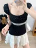 8521# Verano Nuevo Estilo Puro Deseo Cuello Cuadrado Patchwork Estampado de Lunares Manga Corta Camiseta de Mujer Ajustada de una Sola Pieza con Almohadillas en el Pecho