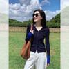 Cardigan Tricotado de Manga Longa com Ombro e Decote V Azul Tibetano Estilo Coreano Feminino Primavera e Outono Ajustado Curto Camisa Base Interna